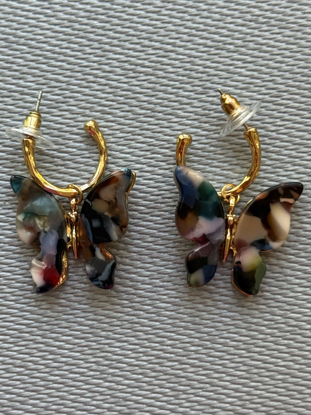 Gold Butterfly Hoop Earrings with Multicolor Resin Wings